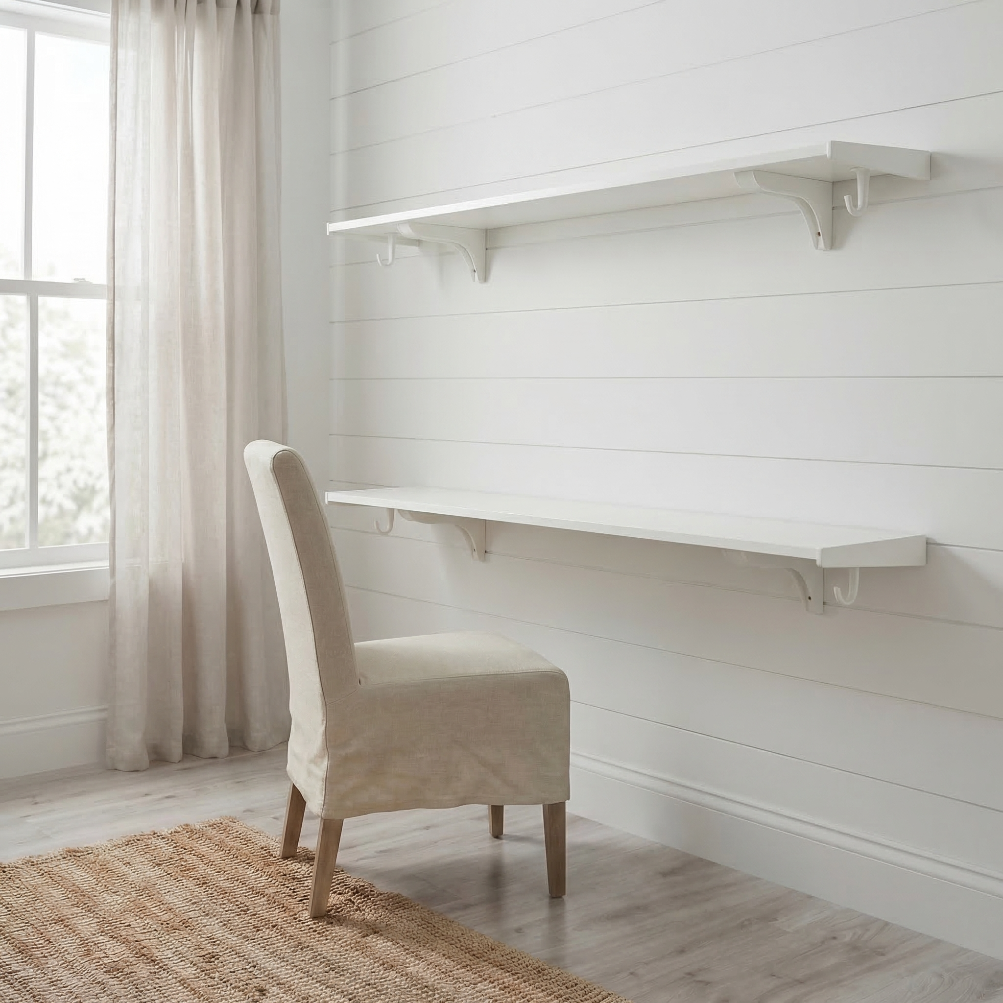 Toden white modular double-row shelving system configured as a floating desk and upper storage shelf on a white shiplap wall. The setup features two long-run white panels supported by industrial-strength brackets with integrated snap-fit hooks. The minimalist white-on-white design highlights the sleek, no-diagonal support profile and maximum legroom for a modern home office.