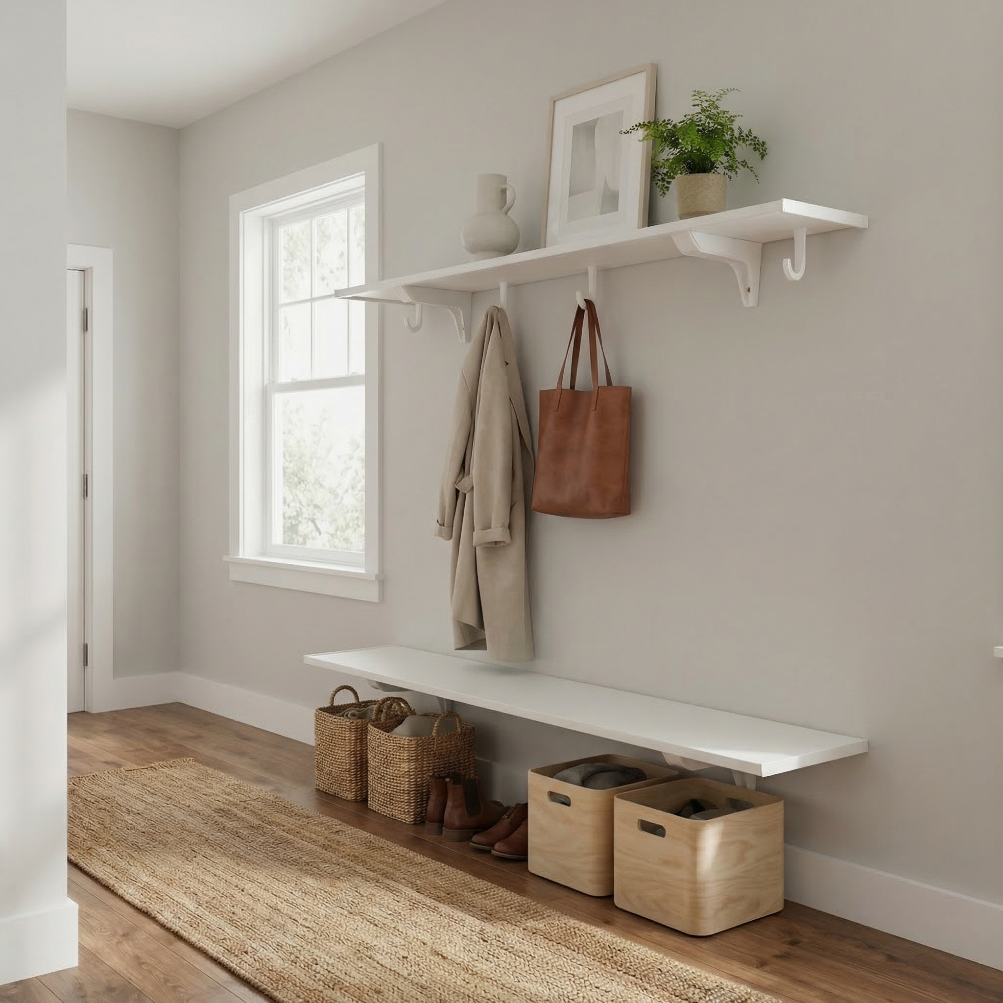 Toden white modular entryway storage system in a minimalist mudroom. A high-mounted white floating shelf features integrated hooks holding a coat and bag, while a matching lower shelf acts as a floating bench for shoes and storage crates. The setup highlights the "no-diagonal support" design and industrial strength in a clean, modern home interior.