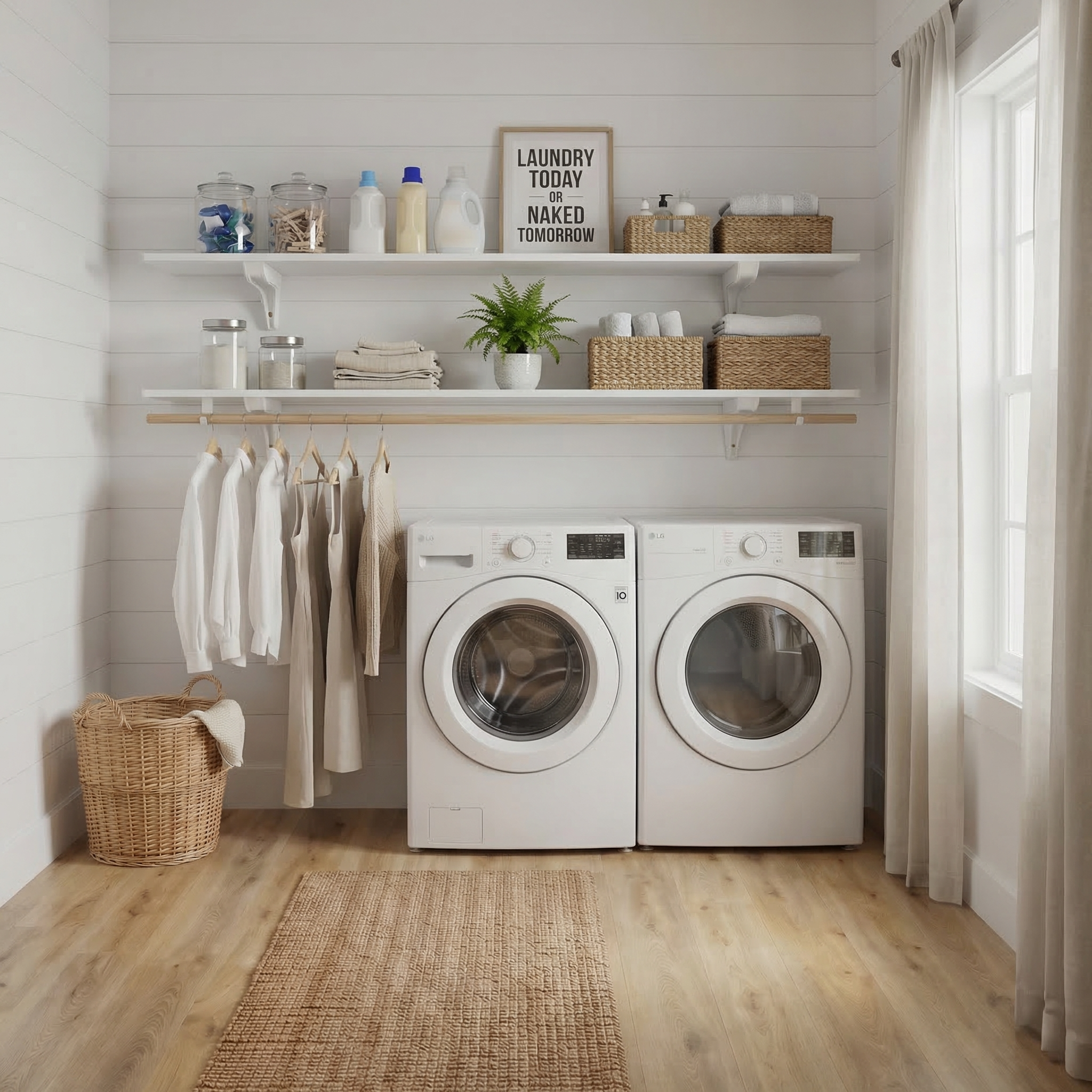 Toden white modular laundry room storage system on a white shiplap wall. The setup features a double-row of white floating shelves above a washer and dryer, with an integrated wooden closet rod for air-drying clothes. Styled with laundry supplies and wicker baskets, it highlights the heavy-duty, no-diagonal support design for a clean, organized laundry room.