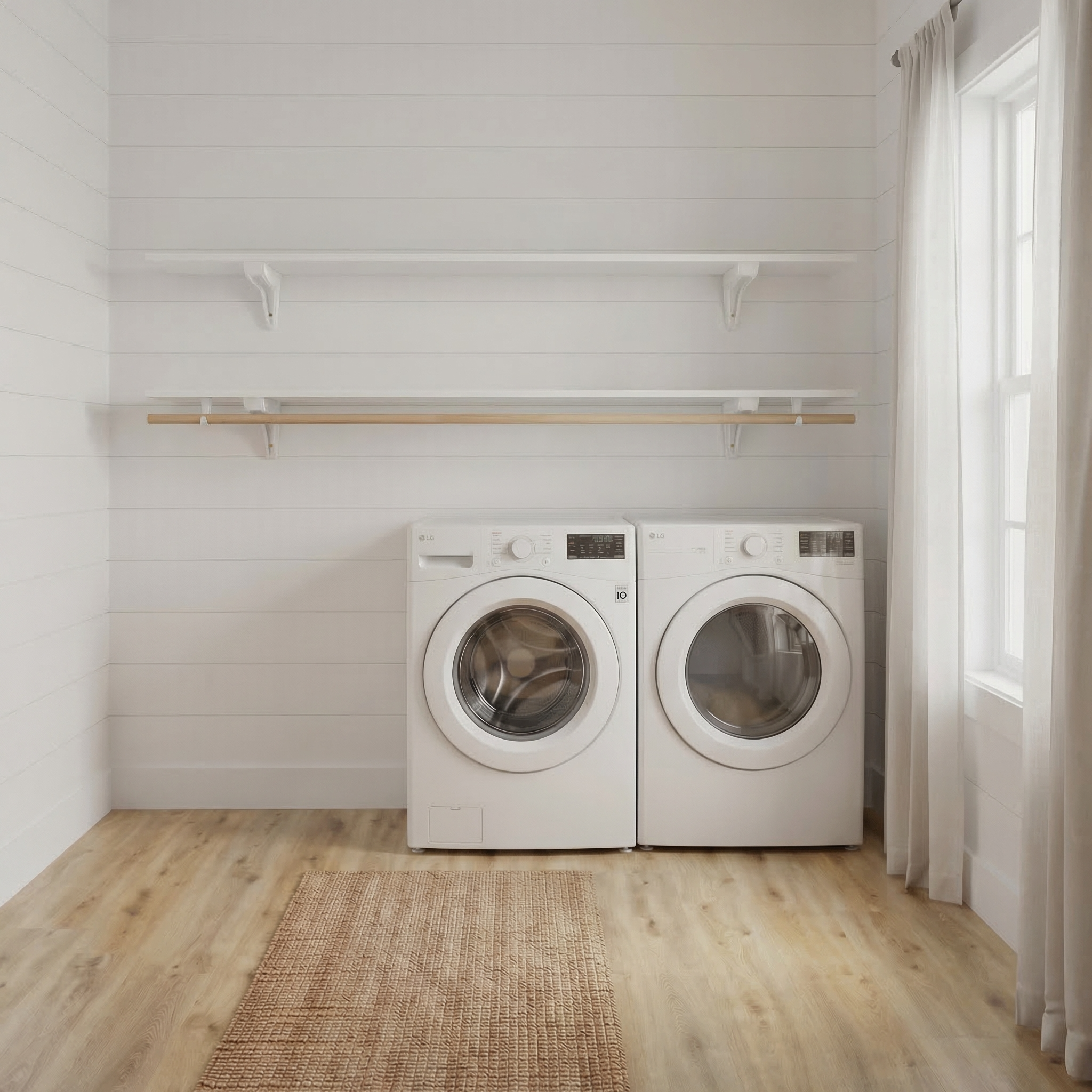 Toden white modular laundry room storage system with a double-row shelf configuration on a shiplap wall. The setup features two 72-inch white floating surfaces mounted above a white washer and dryer, with an integrated wooden closet rod for air-drying clothes. This visual highlights the sleek, no-diagonal support bracket design and the system's industrial-strength load capacity in a bright, minimalist utility space.