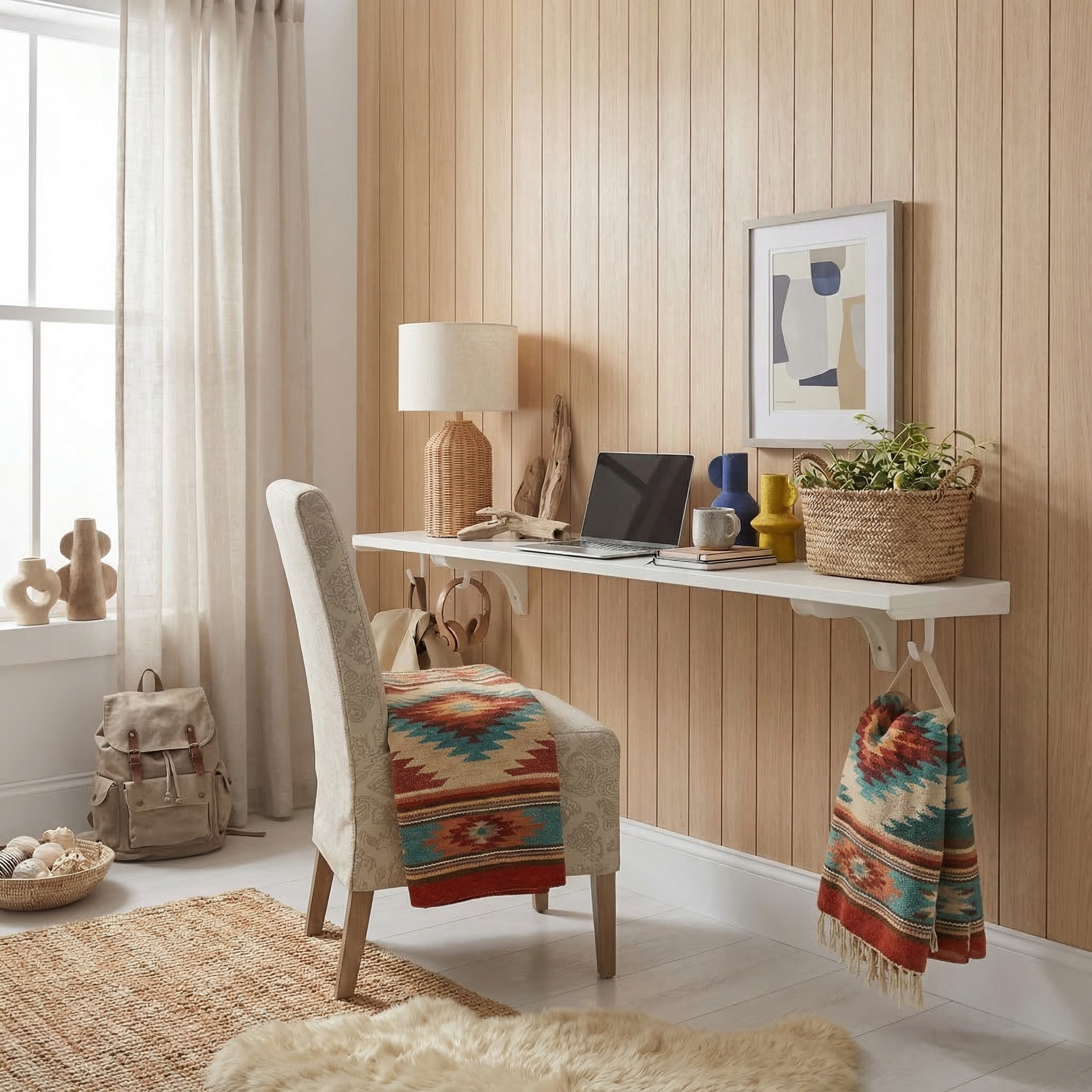 Toden white modular surface used as a minimalist floating desk in a modern home office with wood paneled walls. The long-run desk holds a laptop, lamp, and decor, while integrated white storage hooks organize headphones and a blanket. The setup showcases the "no diagonal support" design, providing maximum legroom and a clean, cable-free aesthetic for a professional workspace.