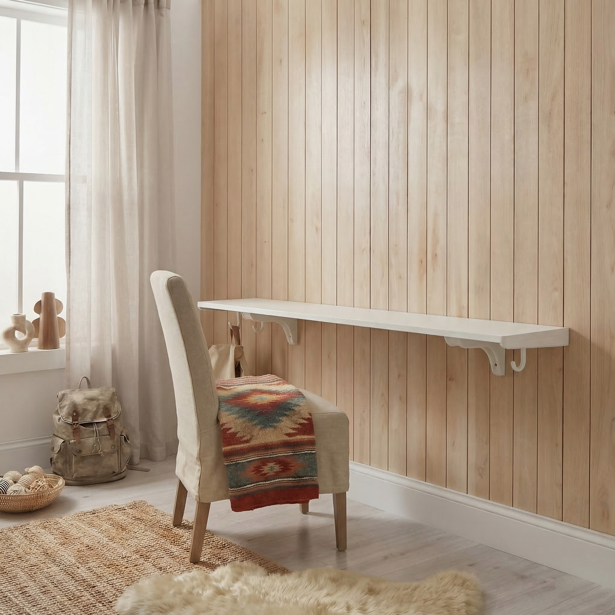 Toden white modular surface installed as a minimalist floating desk against a warm wood-paneled wall. The setup features a long-run white desk panel supported by industrial-strength brackets with integrated snap-fit hooks. The "no diagonal support" design highlights the maximum legroom and sleek, low-profile look for a modern home workspace or study area.
