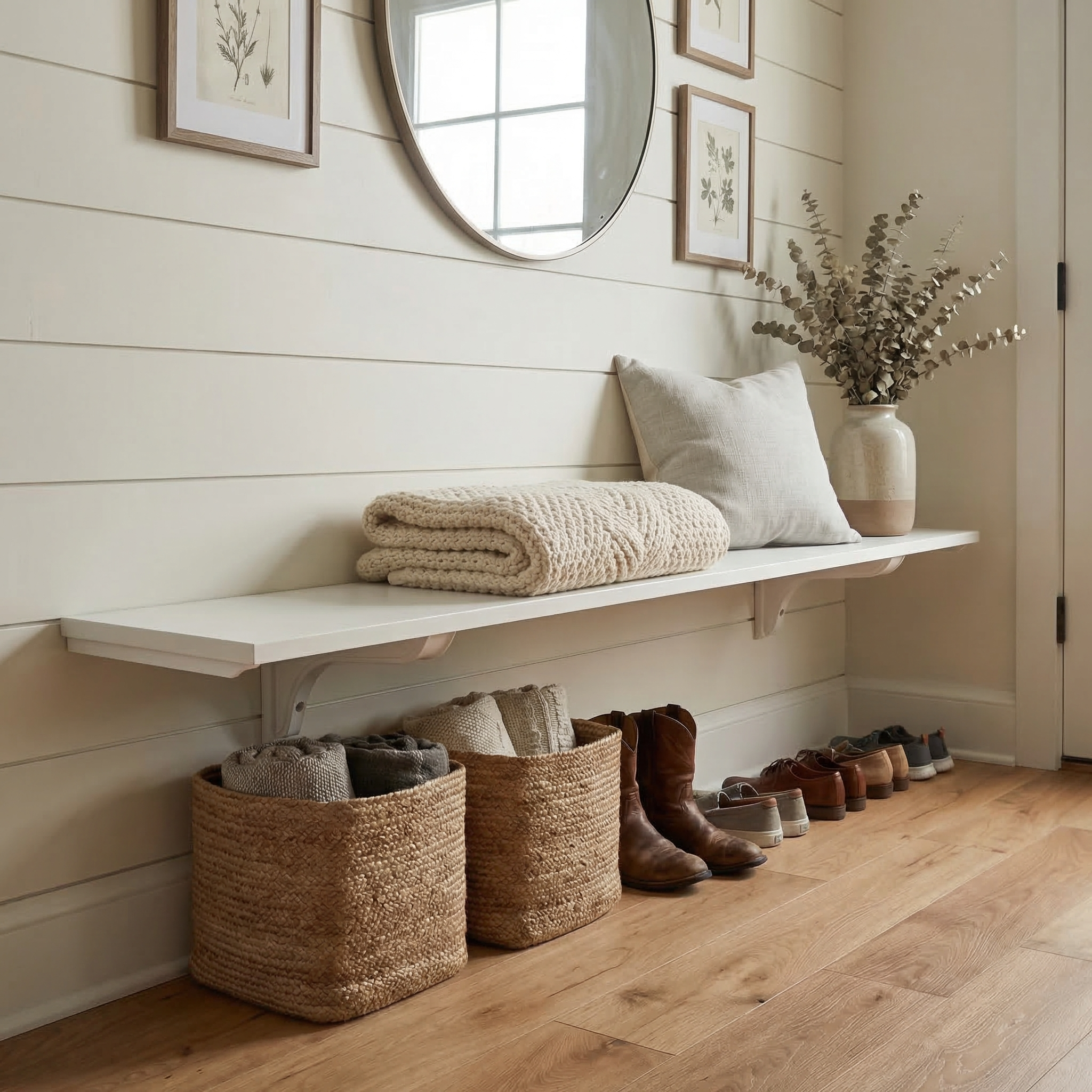 Toden white modular surface used as a floating entryway bench and shoe organizer in a modern mudroom. The heavy-duty white shelf is mounted on a white shiplap wall, styled with a knit blanket, pillow, and decorative vase. Below the bench, woven storage baskets and shoes are neatly arranged, showcasing the space-saving "no diagonal support" design of the brackets.