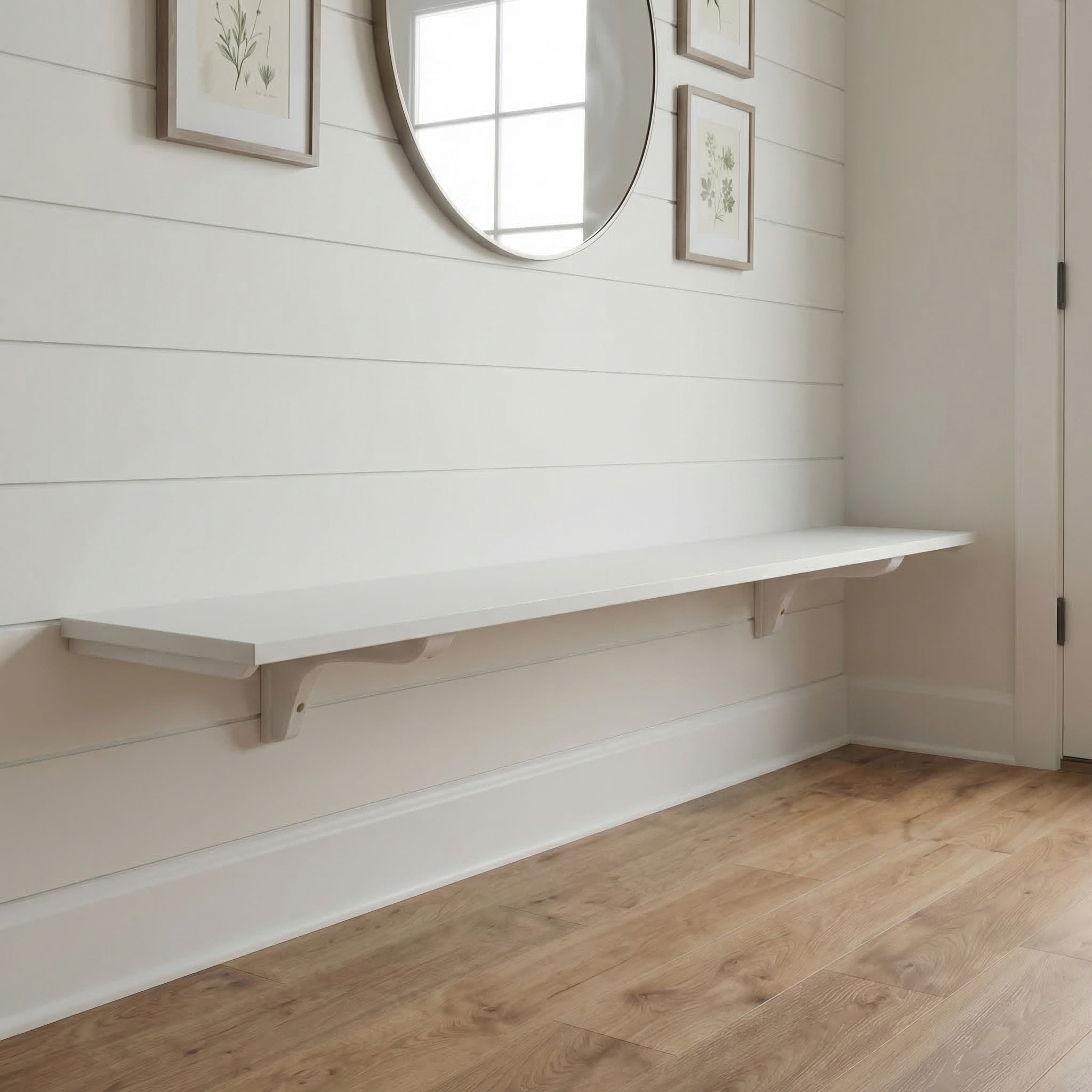 Toden white modular surface installed as a minimalist floating entryway bench on a white shiplap wall. The 72-inch white panel is supported by industrial-strength brackets, showcasing the sleek, low-profile design and "no diagonal support" engineering. The setup demonstrates a clean, unobstructed storage solution for a modern home mudroom or hallway.