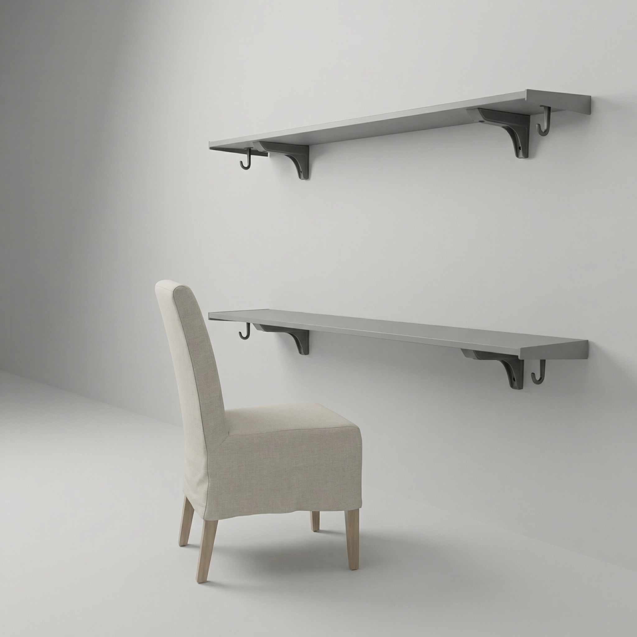 Toden gray modular double-row shelving system configured as a floating desk and upper storage shelf. The setup features two long-run gray panels mounted on a minimalist wall, supported by industrial-strength brackets with integrated snap-fit hooks. The design highlights maximum legroom and the system's "Modern Form" in a professional home office environment.
