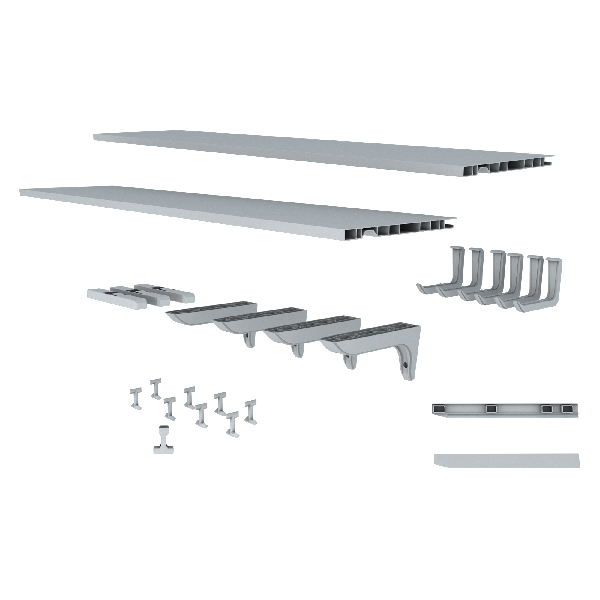 long run kit with storage hook for organization and storage, garage storage, closet ideas, long shelving exploded angle gray.png