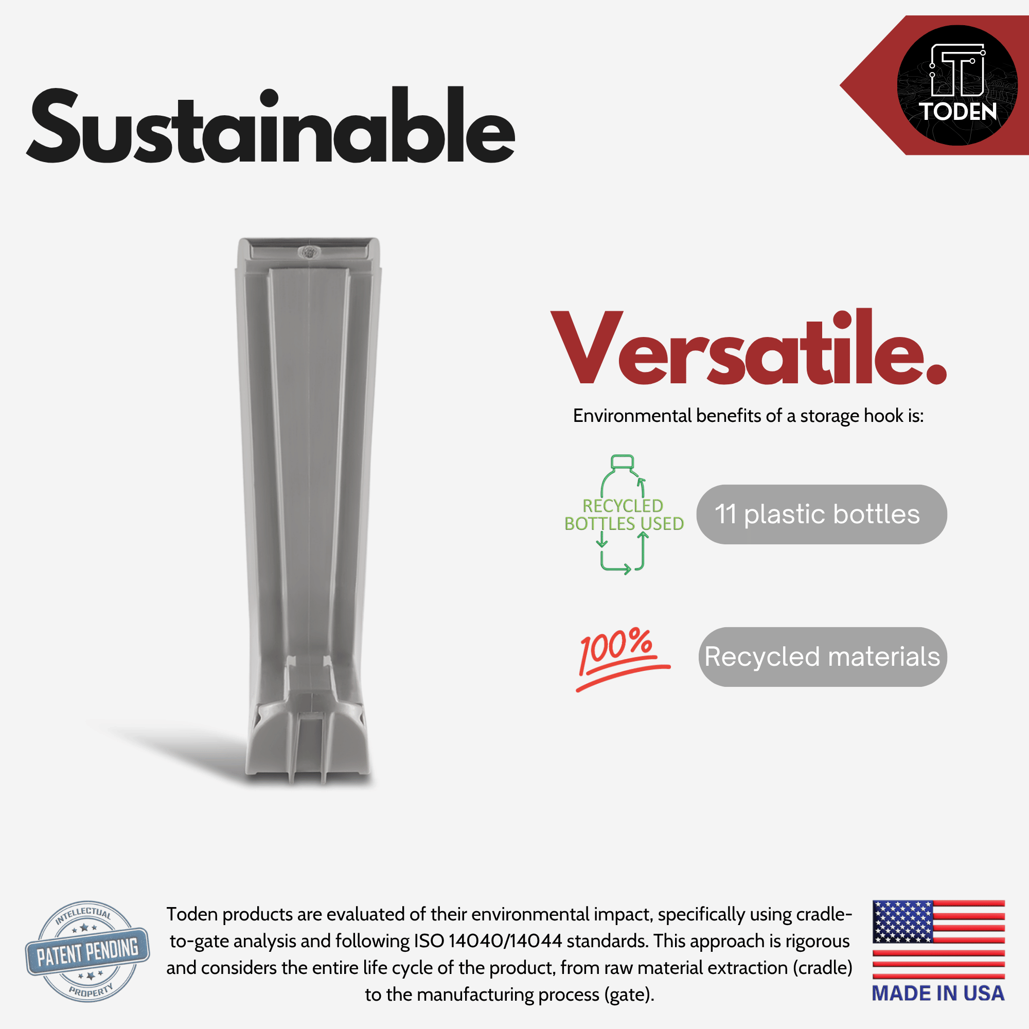 all-groups Toden Sustainable and Versatile storage hook infographic. Highlights that each hook is made from 100% recycled materials, specifically using 11 plastic bottles per unit. Includes "Made in USA" and "Patent Pending" seals. Text notes that products are evaluated using ISO 14040/14044 standards for cradle-to-gate environmental impact analysis.
