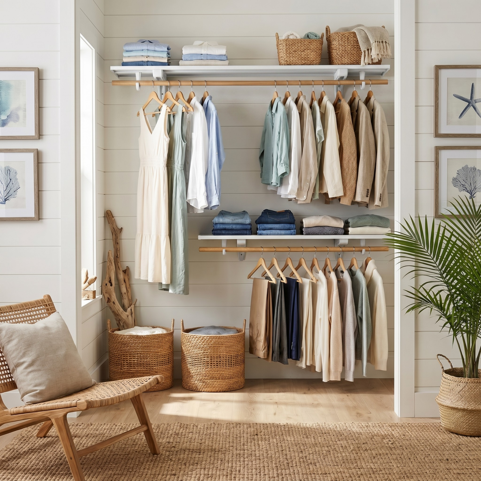 A styled closet interior with open shelving and hanging racks filled with folded and hung clothing in neutral and blue tones, alongside woven baskets, framed wall art, a rattan chair, and a potted plant.