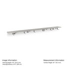 Long rectangular metal shelf on a white background with measurement details.