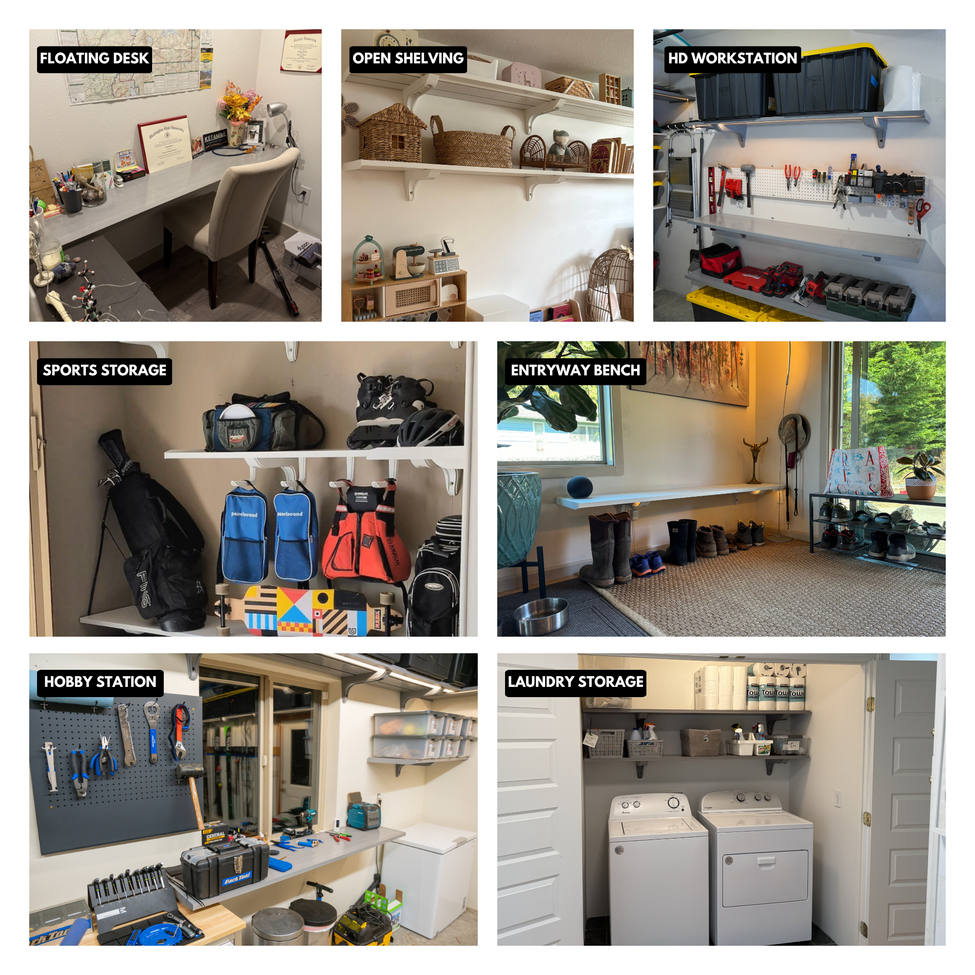 Collage of various home organization and storage solutions.