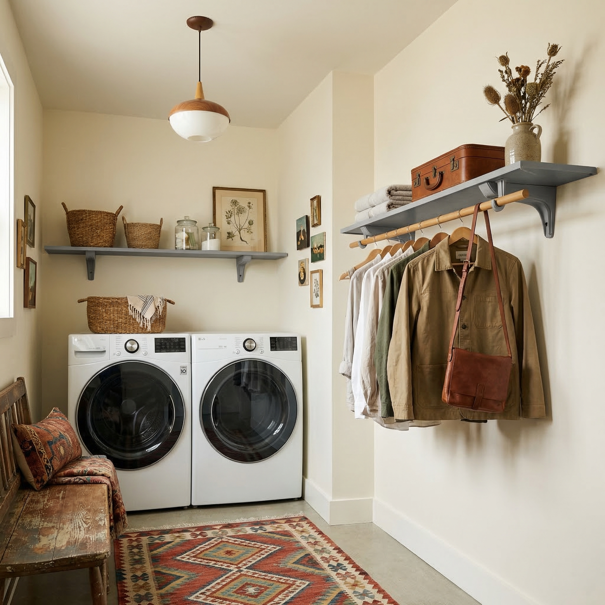 Toden gray modular laundry room storage system in a warm, modern utility space. A single gray floating shelf is mounted above the washer and dryer for basket storage, while a second gray shelf includes an integrated wooden closet rod for air-drying clothes and organizing outerwear. The setup showcases the industrial-strength brackets and sleek, no-diagonal support design for a cohesive home organization system.

