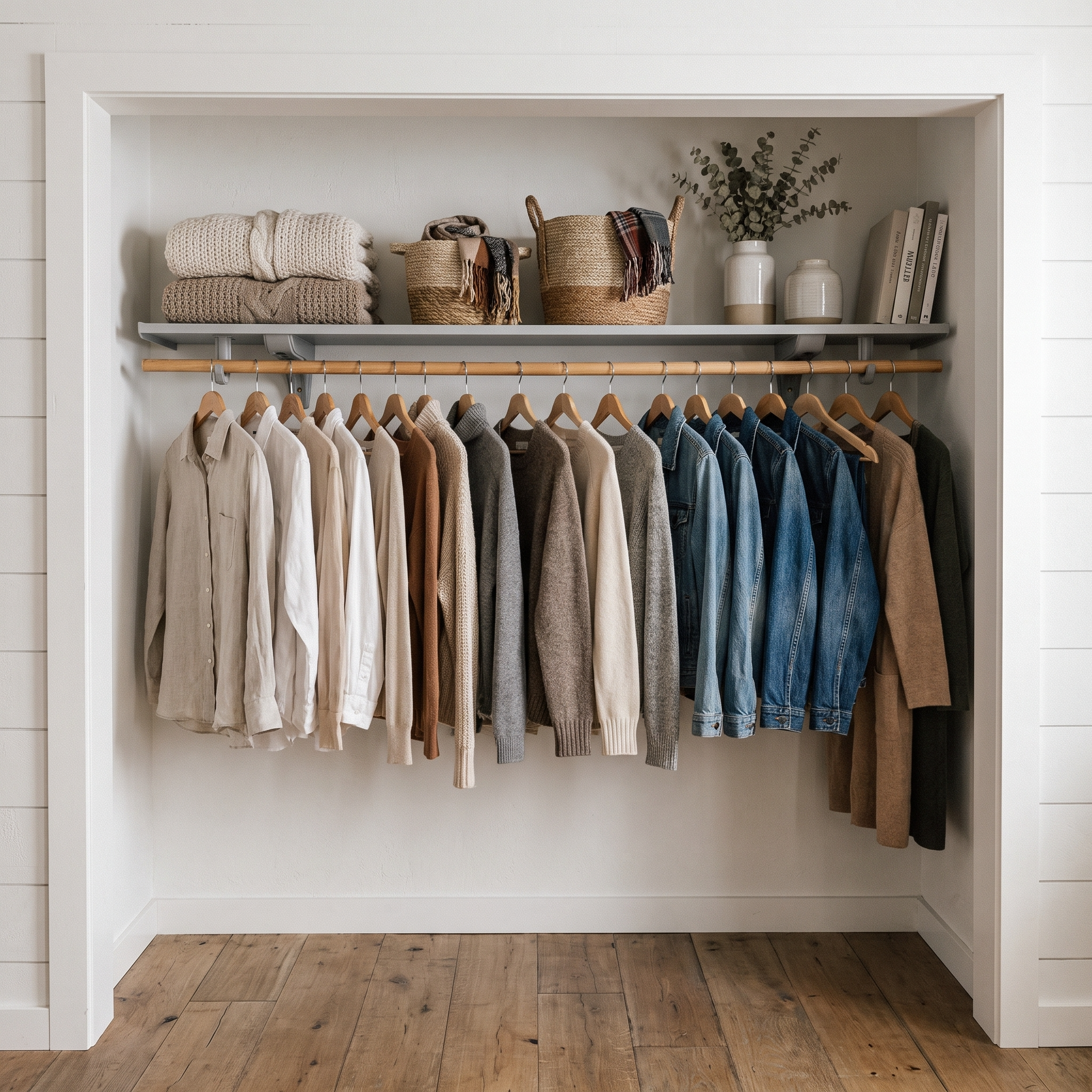 A styled closet interior with a wooden hanger bar holding a row of neutral-toned sweaters, shirts, and jeans, with folded blankets and baskets on a shelf above. The room has white shiplap walls and a wood floor.