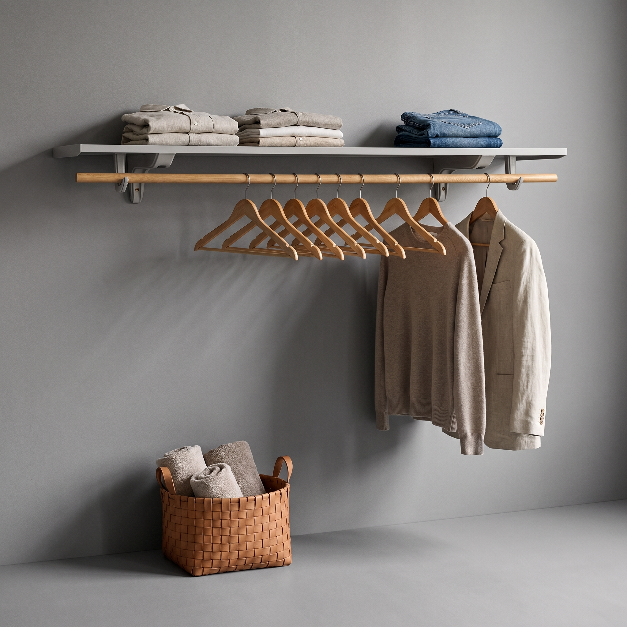 A wall-mounted clothing rack with a light wood rail and hangers, styled with folded neutral textiles and hanging garments against a gray wall.