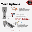 all-groups Toden modular wall bracket "More Options" infographic highlighting custom features. Shows the paintable surface compatible with standard primers and paints for personalization. Demonstrates hassle-free installation access for drills without diagonal interference. Illustrates multi-surface compatibility for securing granite, marble, wood, or metal using adhesives like silicone, epoxy, or construction glue.