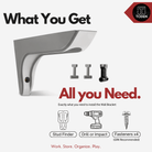 all-groups Toden Wall Bracket unboxing infographic titled "What You Get" and "All you Need." The visual displays a single gray 14-inch heavy-duty bracket, three gray snap-lock pins, and one black alignment pin. Required tools shown at the bottom include a stud finder, drill or impact driver, and four fasteners (GRK recommended).
