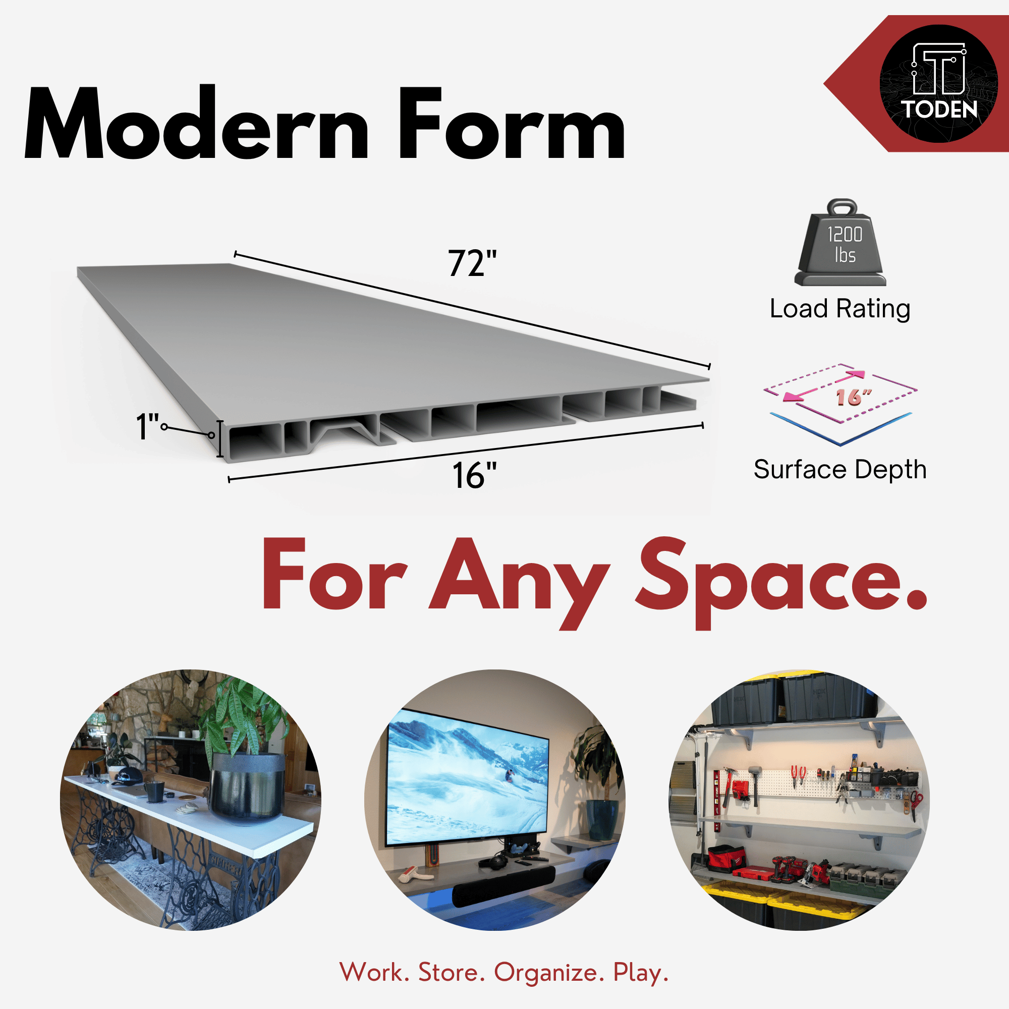 all-groups Toden 72-inch modular surface infographic titled "Modern Form, For Any Space." Features a massive 1200 lbs load rating with a 16-inch surface depth and slim 1-inch profile. Real-world lifestyle photos demonstrate versatility: a modern white side table with plants, a minimalist floating TV console, and heavy-duty garage workbench storage for tools.