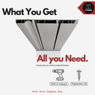 all-groups Toden modular surface infographic titled "What You Get" and "All you Need." The visual features a gray cross-section of the heavy-duty recycled surface panel. Below, it lists the two simple items required for installation: a drill or impact driver and four fasteners. A note confirms this is exactly what is needed to install the Toden surface.