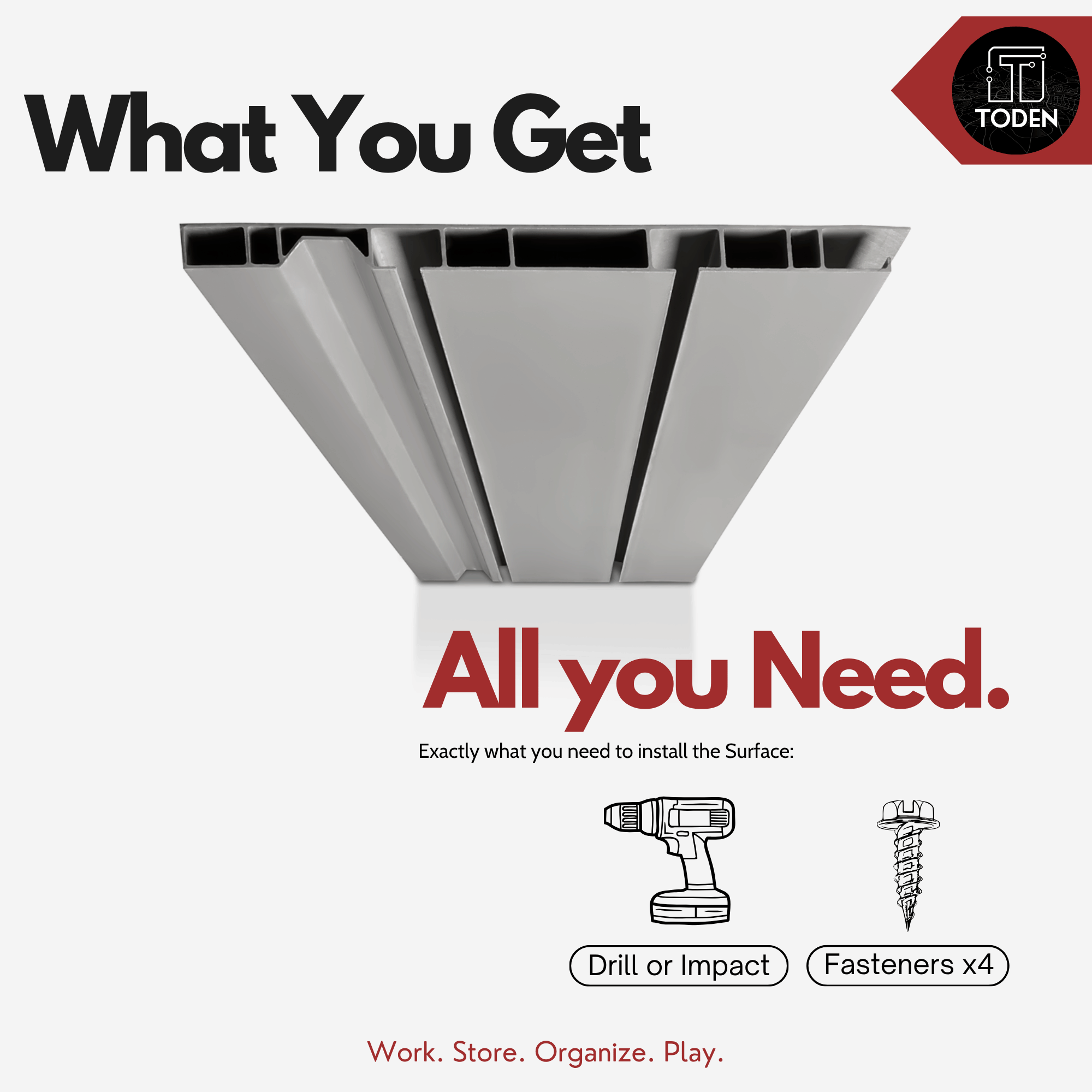 all-groups Toden modular surface infographic titled "What You Get" and "All you Need." The visual features a gray cross-section of the heavy-duty recycled surface panel. Below, it lists the two simple items required for installation: a drill or impact driver and four fasteners. A note confirms this is exactly what is needed to install the Toden surface.