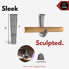 all-groups Toden sculpted closet rod bracket infographic titled "Sleek & Sculpted." It shows a 300 lbs load rating for heavy-duty garment storage. Dimensions are listed as 5 inches in height and 1 inch in width. Visuals demonstrate the bracket's compatibility with both traditional wooden rods and modern metal closet rods, integrated into the Toden modular surface.