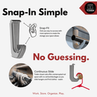 all-groups Toden closet rod bracket infographic titled "Snap-In Simple, No Guessing." Features the Snap-Fit design for easy click-in installation on modular surfaces. Highlights the "Continuous Slide" benefit, showing how the bracket design allows hangers to slide the entire length of the rod without vertical blockages. Visuals include a metal closet rod and a wooden rod held by gray brackets with clothes hangers sliding freely.