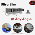 all-groups  Toden ultra-slim modular surface infographic titled "Ultra Slim, At Any Angle." It features a 600 lbs load rating and dimensions of 16 inches in length and 1.5 inches in height. Real-world application photos demonstrate the gray surface used as a sleek floating TV shelf, a modern desk surface, and heavy-duty garage storage for tools and equipment.
