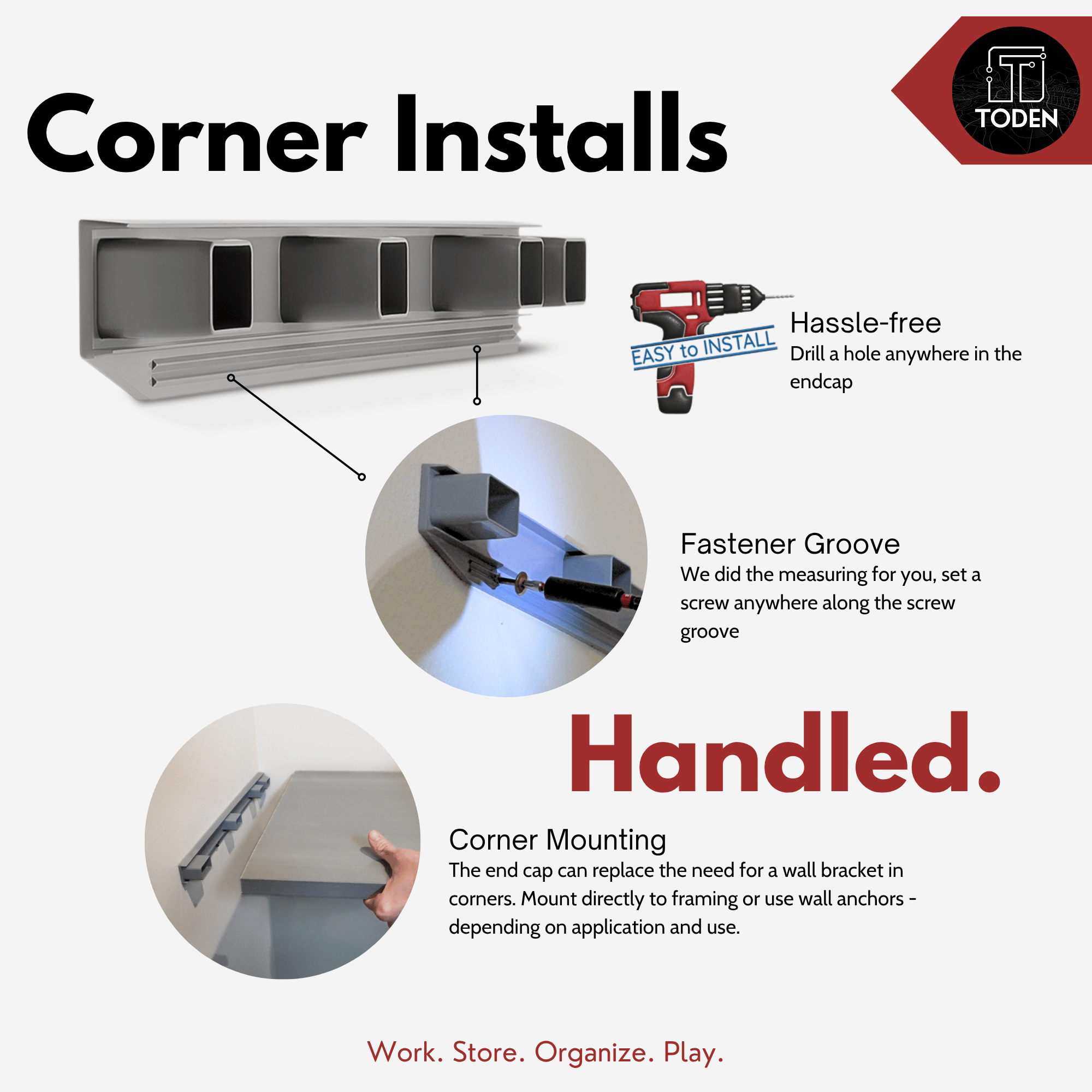 all-groups Toden end cap infographic for "Corner Installs Handled." It explains how the end cap can replace a wall bracket for corner mounting by attaching directly to framing or using wall anchors. Features include a hassle-free drillable end cap surface and a built-in fastener groove that allows for screw placement anywhere along the track. Visuals show a close-up of a screw in the groove and a gray surface being installed flush into a wall corner.