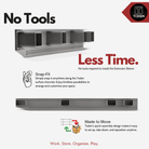 all-groups Toden Extension Sleeve infographic titled "No Tools, Less Time." It illustrates the tool-free installation of the extension sleeve, which snaps into the Toden surface channels to connect multiple panels. Features a "Made to Move" quick-assembly design for easy setup and repositioning. The visual shows a gray connector sleeve aligning with the modular surface profile for a seamless, extended storage run.