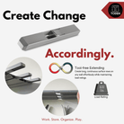 all-groups Toden modular surface extension infographic titled "Create Change Accordingly." Features "Tool-free Extending" for creating long, continuous surface rows on any wall while maintaining a 600 lbs load rating. Visuals demonstrate the gray extension sleeve connecting two modular panels for a seamless, heavy-duty shelving run.