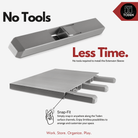 all-groups Toden extension sleeve installation infographic titled "No Tools, Less Time." It highlights the Snap-Fit design that allows the sleeve to slide effortlessly into Toden modular surface channels without hardware. The visual shows the gray connector sleeve aligning with a 1.5-inch thick modular panel to enable long, continuous shelving runs.