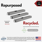 all-groups Toden Repurposed and Recycled extension sleeve infographic. It shows that each extension sleeve is 100% recycled, repurposing 11.5 plastic bottles per unit. Includes "Made in USA" and "Patent Pending" seals. Features a technical note on ISO 14040/14044 standards for cradle-to-gate environmental impact. Visual displays three gray connector sleeves used to join Toden modular surface panels.