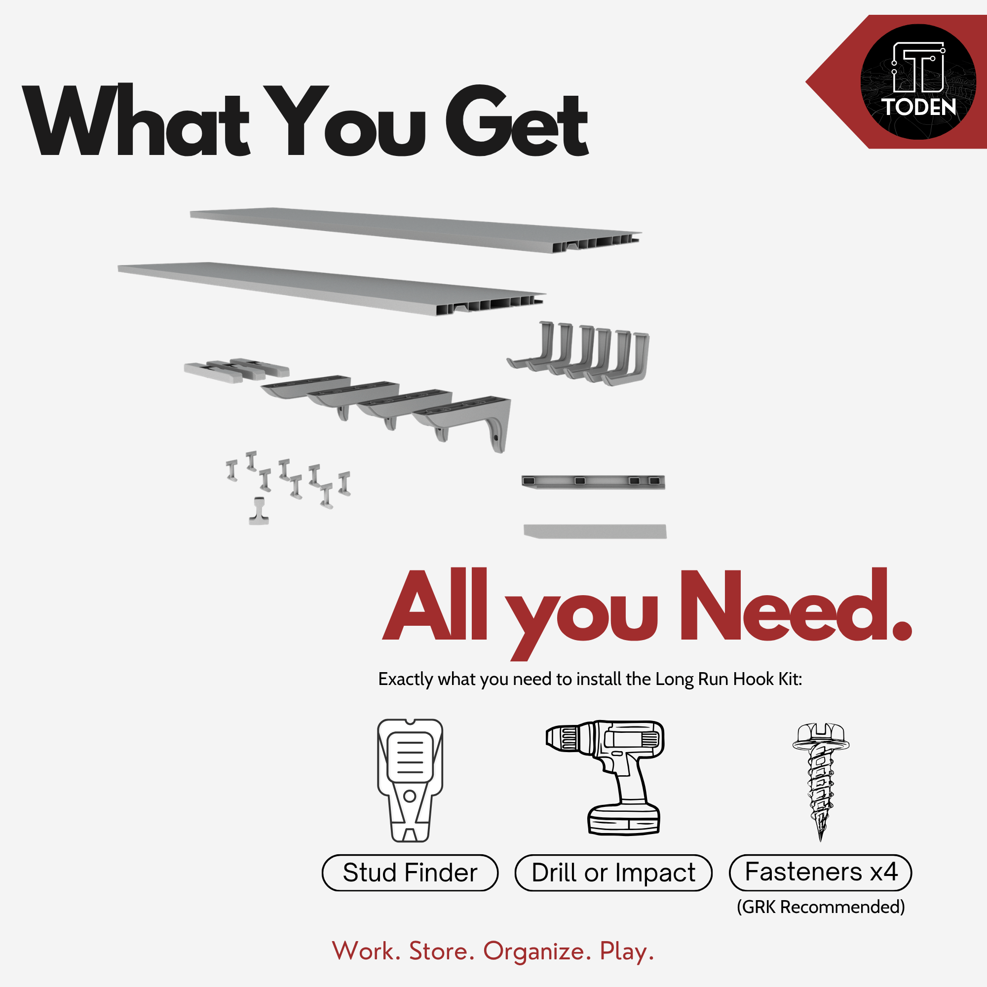 all-groups Toden Long Run Hook Kit "What You Get" unboxing infographic. Shows the full system: two 72-inch modular surface panels, four 14-inch wall brackets, six storage hooks, and a set of snap-lock and alignment pins. Includes two surface extension sleeves and two end caps for a seamless finish. Installation tools listed: stud finder, drill or impact driver, and four fasteners (GRK recommended).