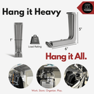 all-groups oden heavy-duty storage hook infographic titled "Hang it Heavy, Hang it All." Displays a 300 lbs load rating and dimensions (6" length, 5" height, 1" width). The graphic shows the snap-on gray hook in various real-world applications: hanging heavy gear bags, a step ladder, and sports equipment from the Toden modular surface system.
