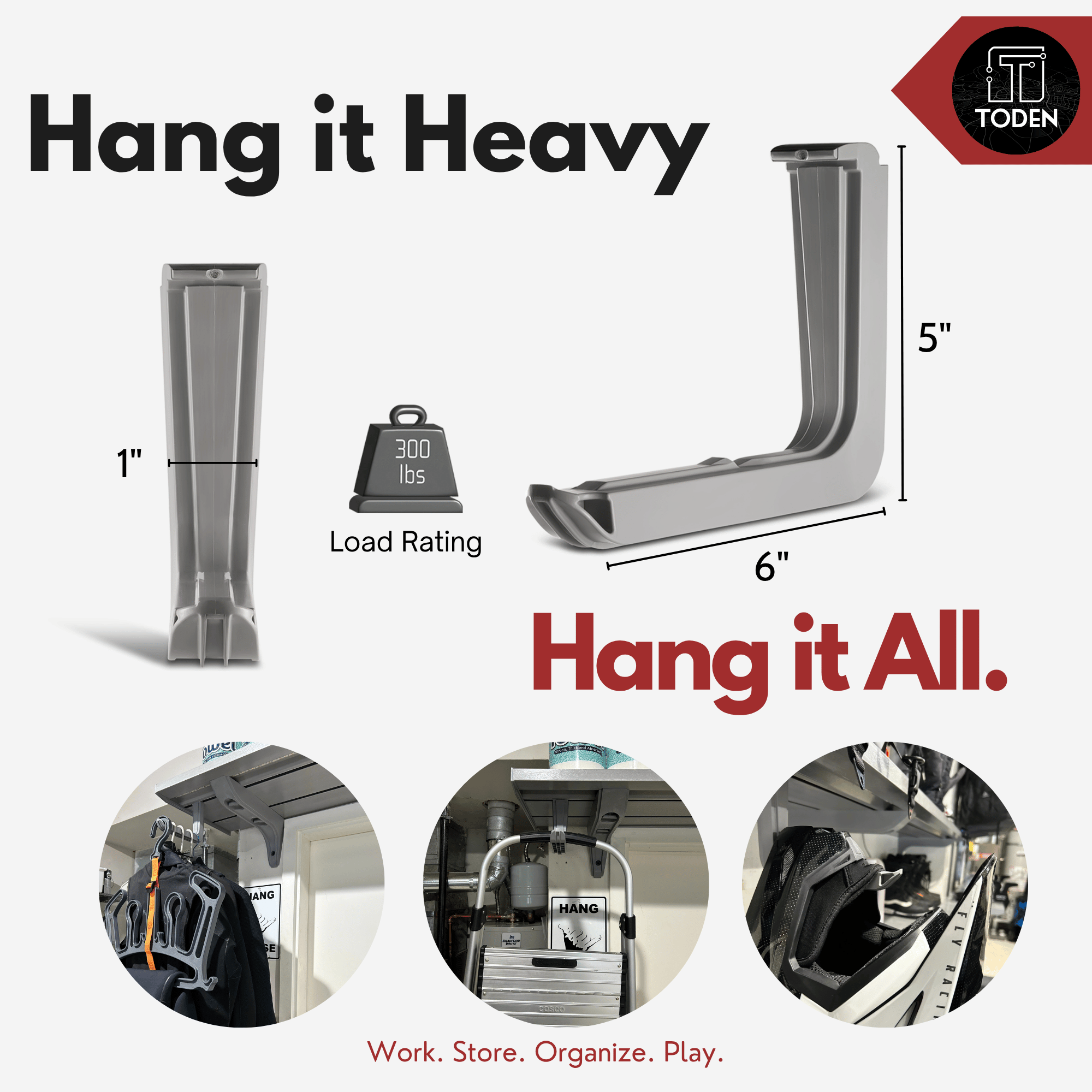 all-groups oden heavy-duty storage hook infographic titled "Hang it Heavy, Hang it All." Displays a 300 lbs load rating and dimensions (6" length, 5" height, 1" width). The graphic shows the snap-on gray hook in various real-world applications: hanging heavy gear bags, a step ladder, and sports equipment from the Toden modular surface system.