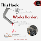 all-groups Toden storage hook infographic titled "This Hook Works Harder." Features include a tool-free Snap-Fit design for easy integration into Toden modular surfaces, Anti-Slip Notches to secure oddly weighted items and create separation, and a paintable finish compatible with standard primers and paints for a custom look. Shown holding gear bags in a garage setup.
