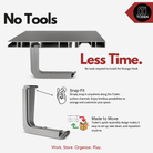all-groups Toden Storage Hook installation infographic titled "No Tools, Less Time." It demonstrates the tool-free Snap-Fit design that allows the hook to snap anywhere along the Toden surface channels. A "Made to Move" callout highlights the quick-assembly design for easy setup, take down, and repositioning. Visual shows the gray hook integrating seamlessly into the modular surface panel.