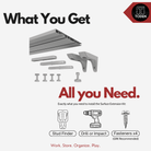 all-groups Toden Surface Extension Kit infographic labeled "What You Get" and "All you Need." The image shows the included components: one gray modular surface panel, two 14-inch wall brackets, four snap-lock pins, and one alignment pin. Icons at the bottom list the required tools for installation: a stud finder, drill or impact driver, and four fasteners (GRK recommended).
