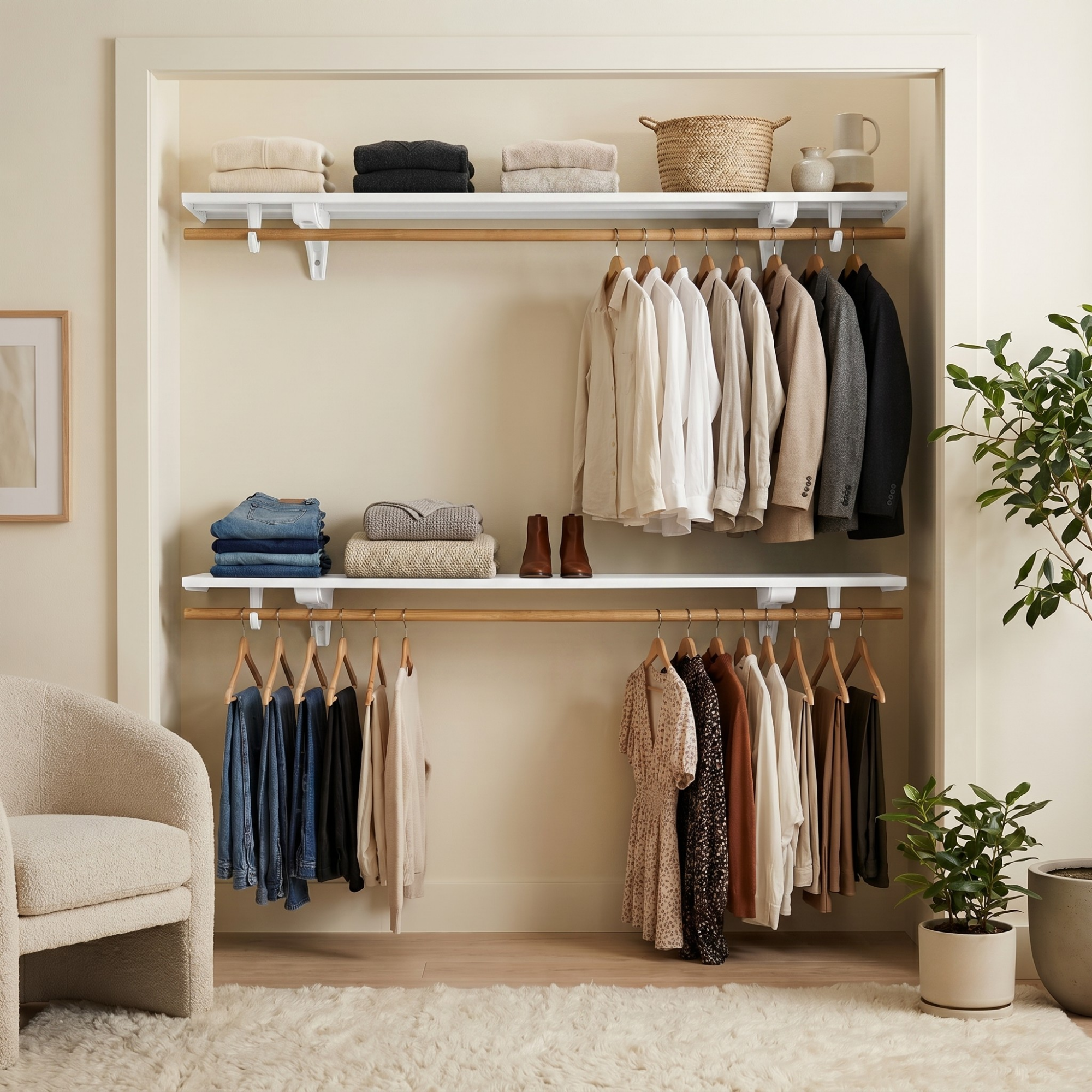 An open closet organizer with two wooden shelves and multiple hangers holding folded and hanging clothing, shown in a styled room with a chair, rug, and potted plants.