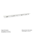 Long rectangular metal shelf on a white background with measurement details.