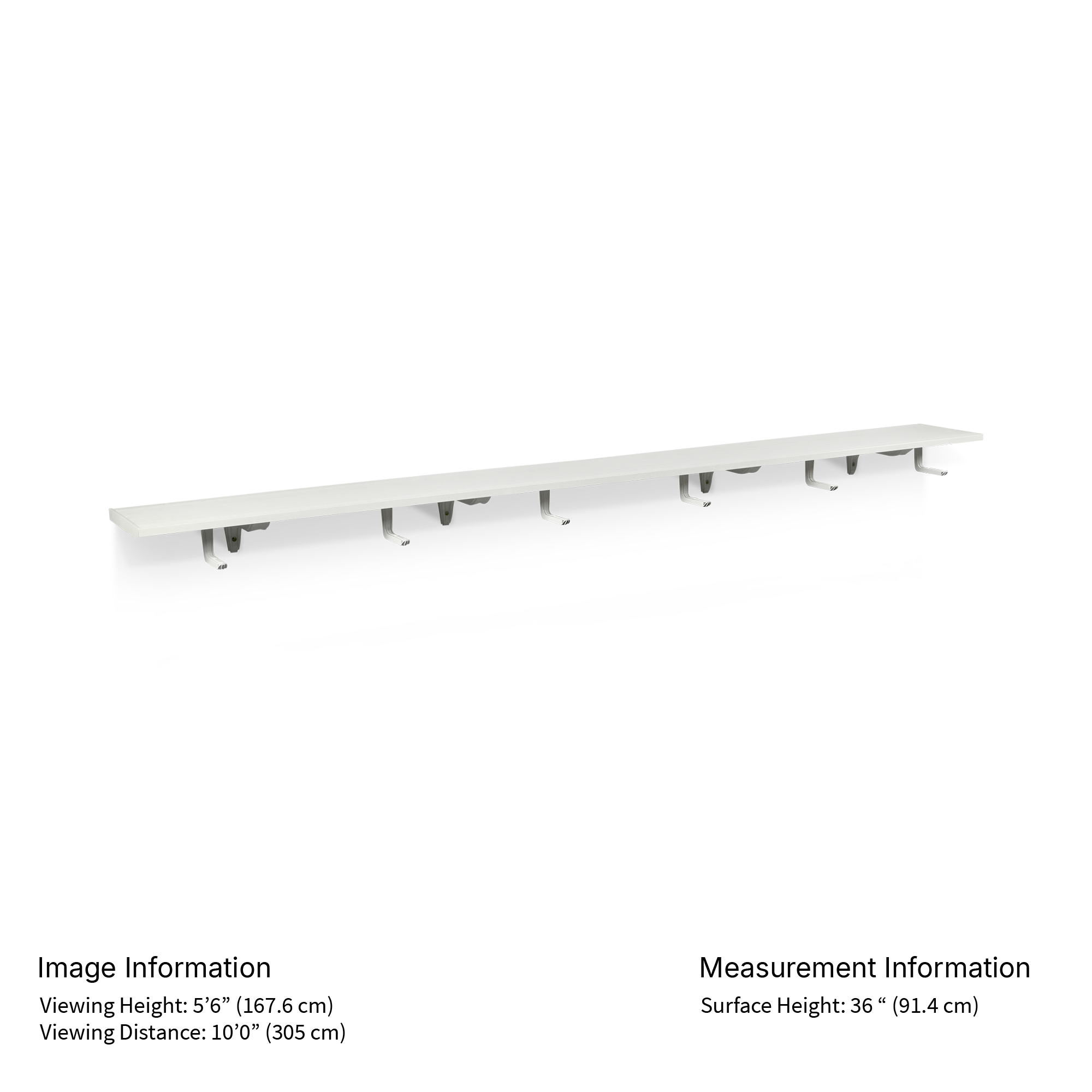Long rectangular metal shelf on a white background with measurement details.