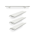 Four white floating shelves with metal mounting brackets, shown on a clean white background. One shelf is displayed horizontally at the top, and three more are shown at varying angles below to display the depth and mounting hardware.