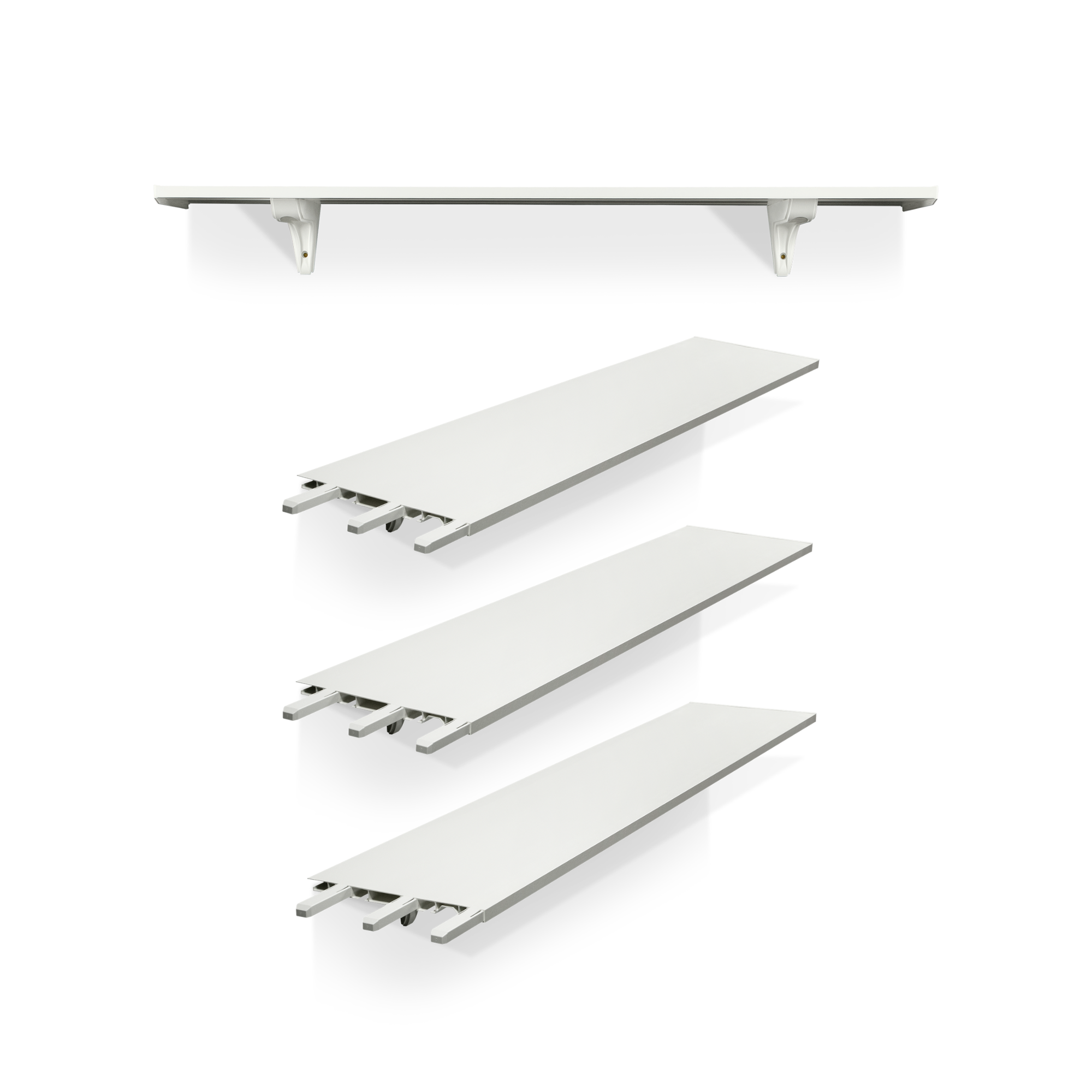 Four white floating shelves with metal mounting brackets, shown on a clean white background. One shelf is displayed horizontally at the top, and three more are shown at varying angles below to display the depth and mounting hardware.