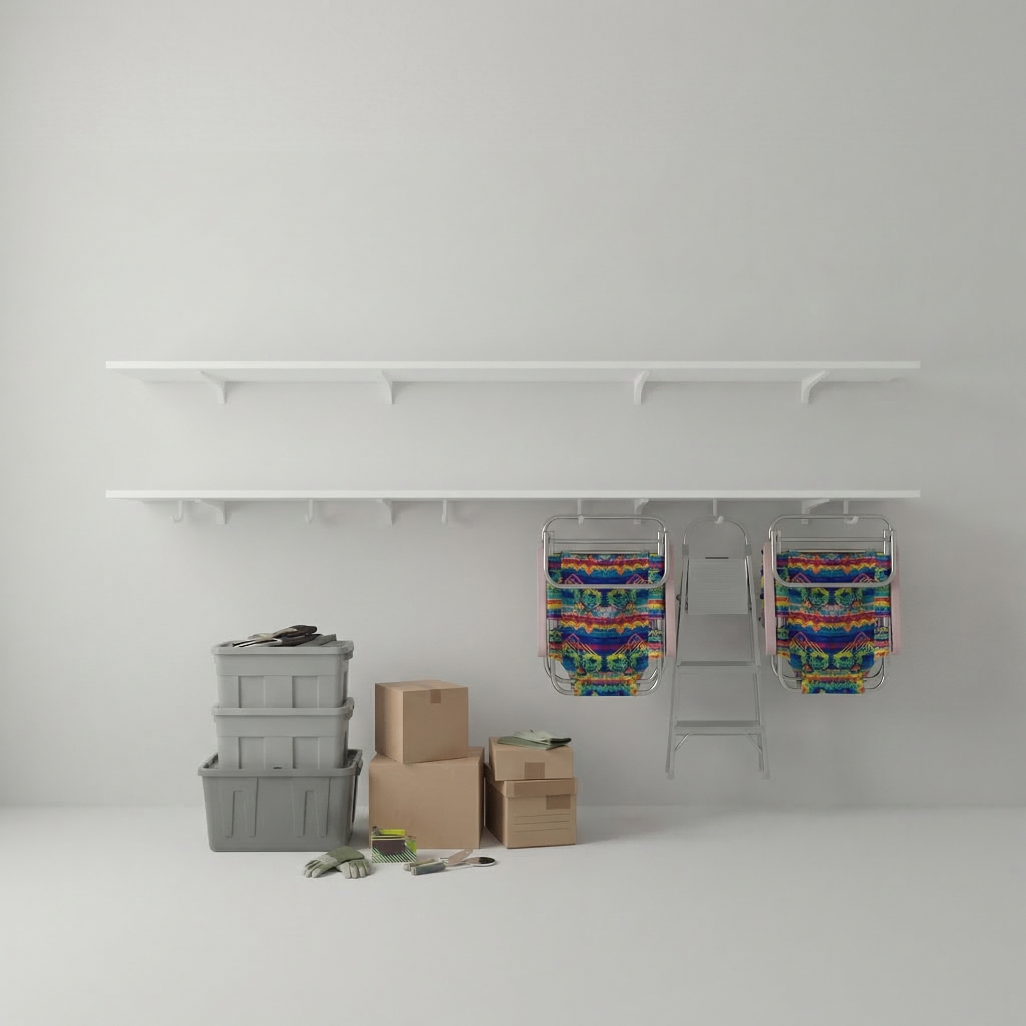 A minimalist white wall-mounted storage system with two horizontal shelves and a ladder, holding two colorful patterned laundry hamper bags and several cardboard boxes on a light gray floor.