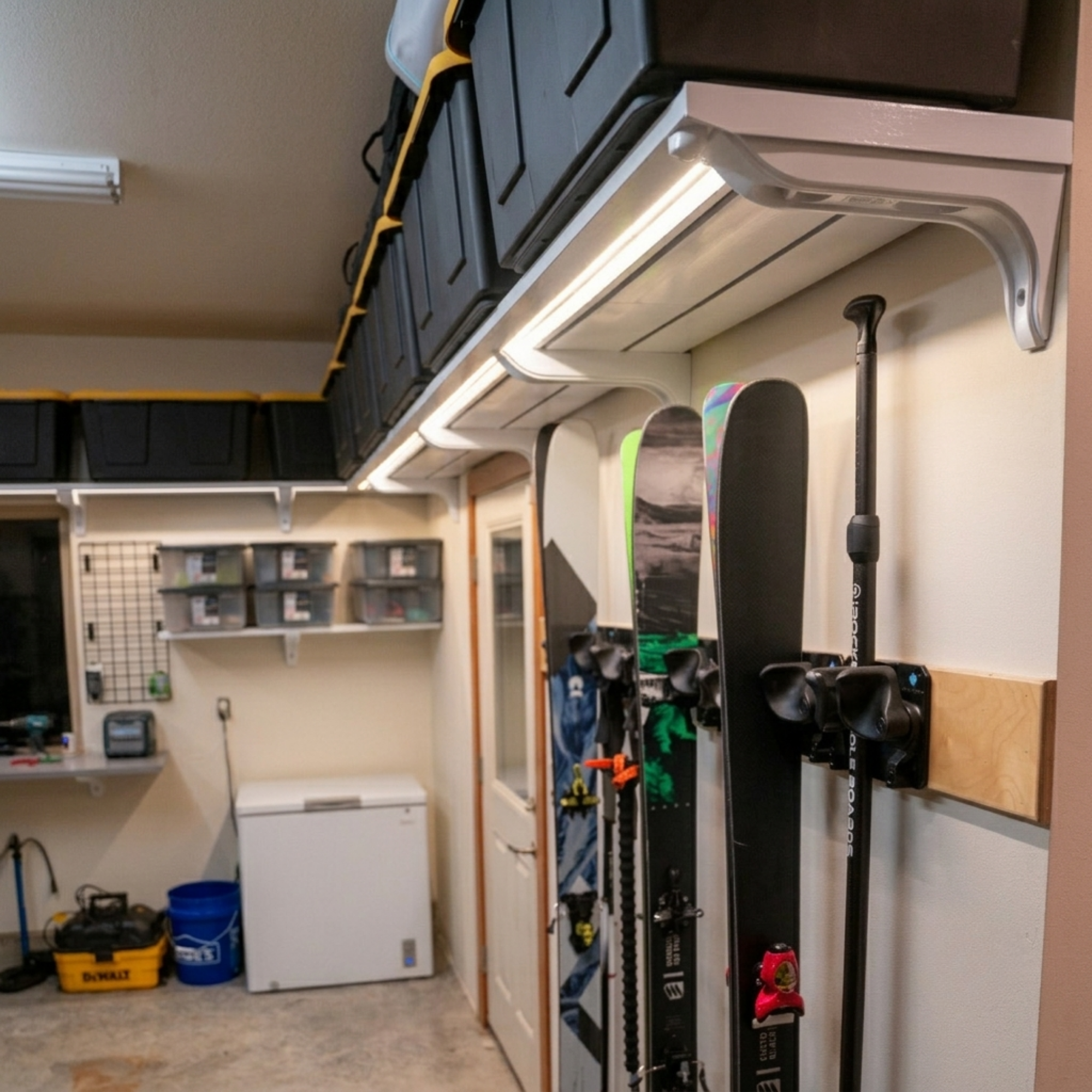 A wall-mounted ski rack holding two skis and ski poles in a home garage storage area, with overhead storage bins and shelving visible.