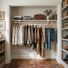 A well-organized closet with a light wood hanging rod holding multiple garments in neutral and earthy tones, including beige, brown, gray, and blue pieces. A matching brown leather shoulder bag sits on a shelf above, alongside folded clothes, books, and a small vase with dried stems.