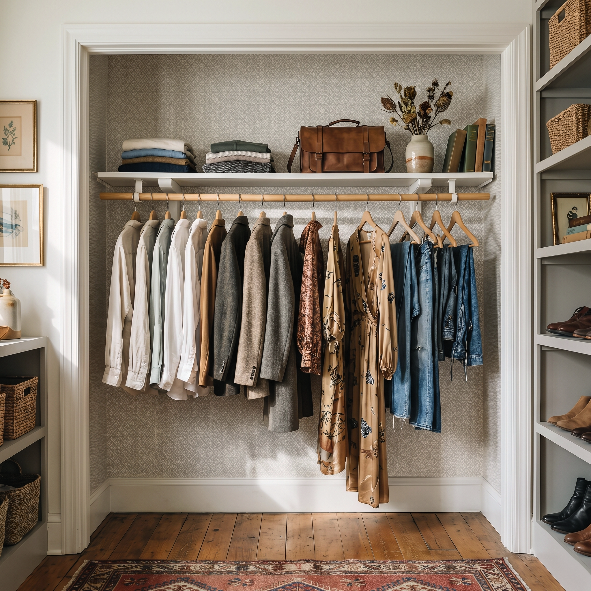 A well-organized closet with a light wood hanging rod holding multiple garments in neutral and earthy tones, including beige, brown, gray, and blue pieces. A matching brown leather shoulder bag sits on a shelf above, alongside folded clothes, books, and a small vase with dried stems.