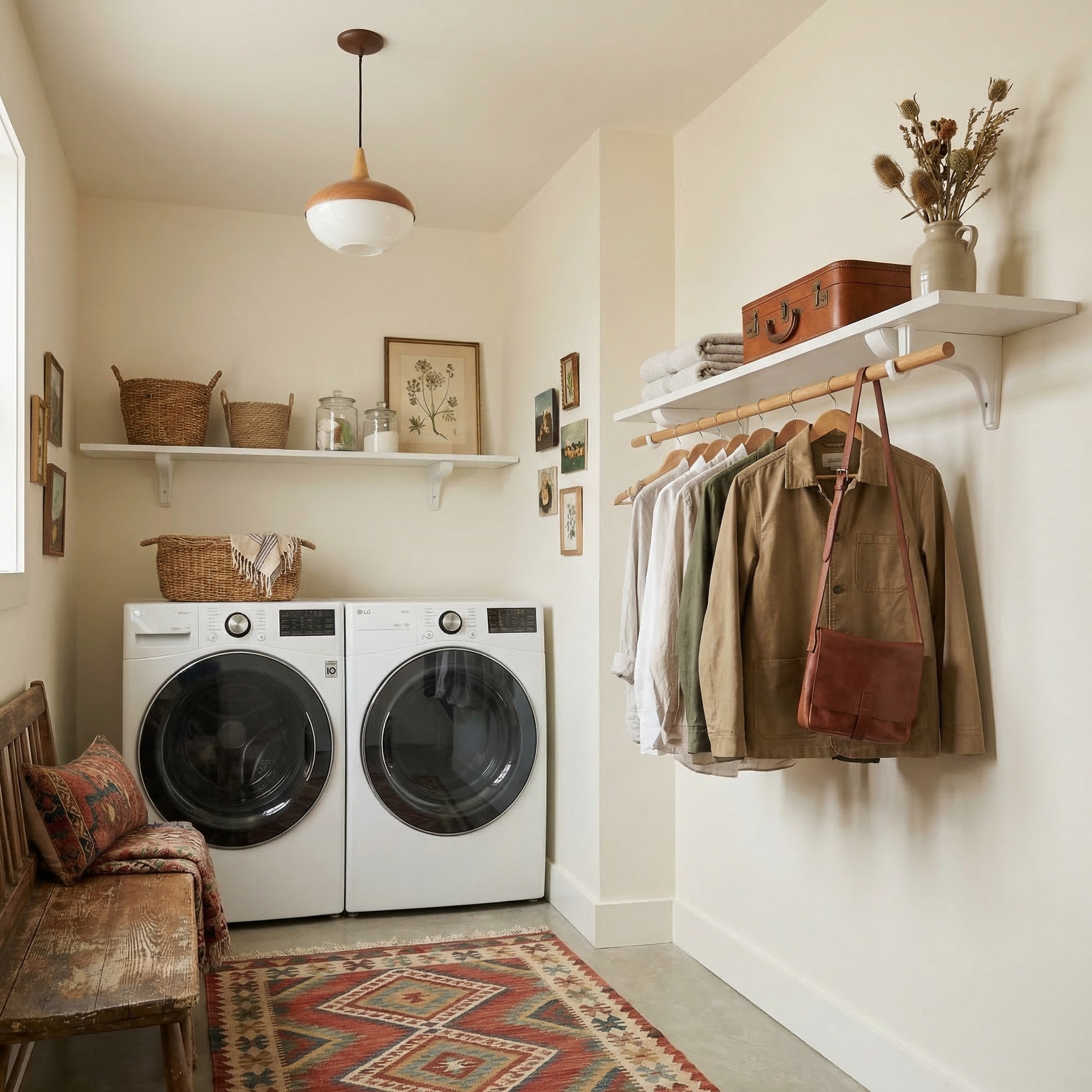 Toden white modular laundry room system featuring a double-wall configuration. One white floating shelf is mounted above the washer and dryer for detergent and basket storage, while a second shelf includes an integrated wooden closet rod for air-drying clothes and organizing outerwear. The setup highlights the industrial-strength brackets and sleek, no-diagonal support design in a warm, modern residential utility space.

