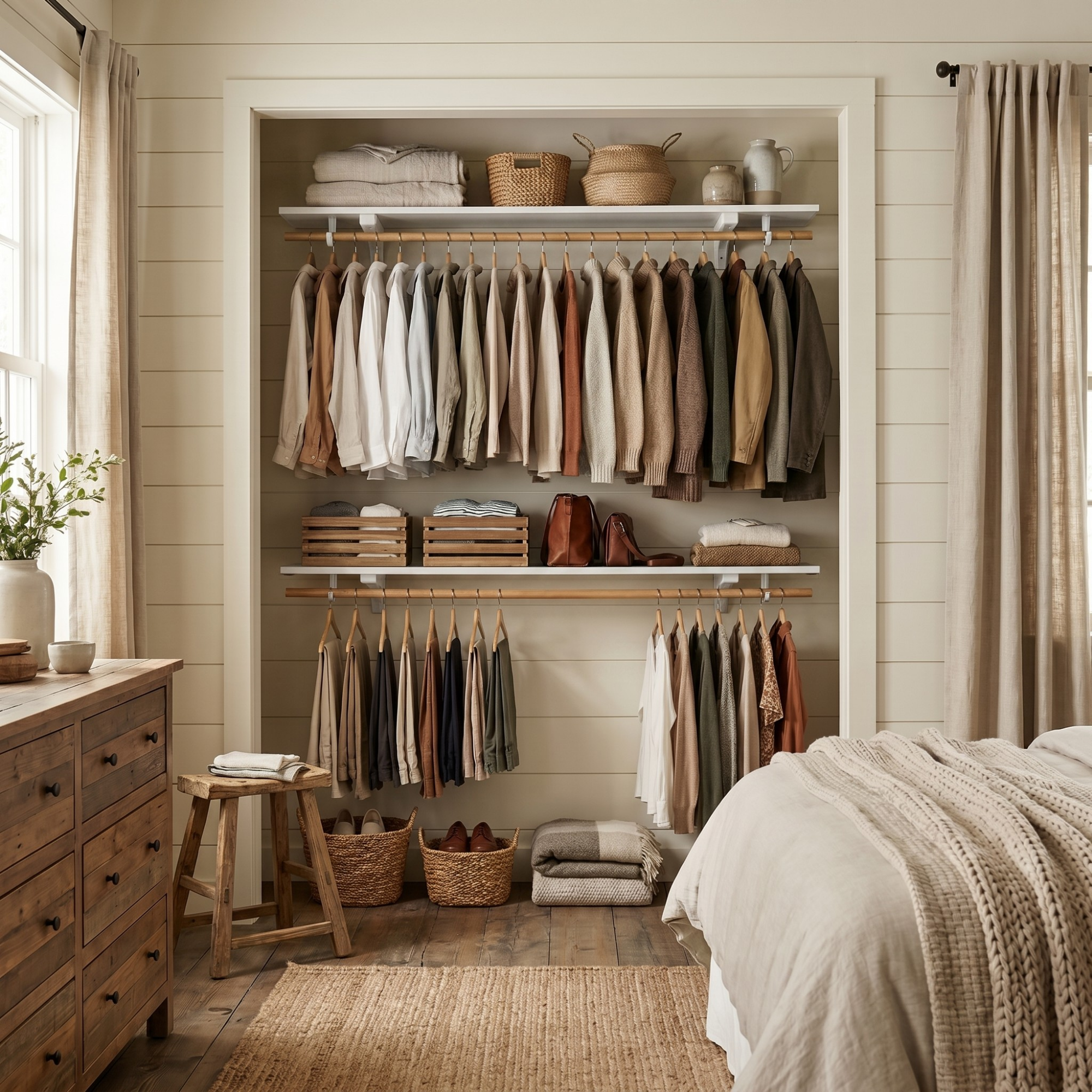 A styled bedroom interior showing a built-in closet with shelves and hangers filled with neutral-toned clothing, alongside a bed, dresser, stool, baskets, and curtains.