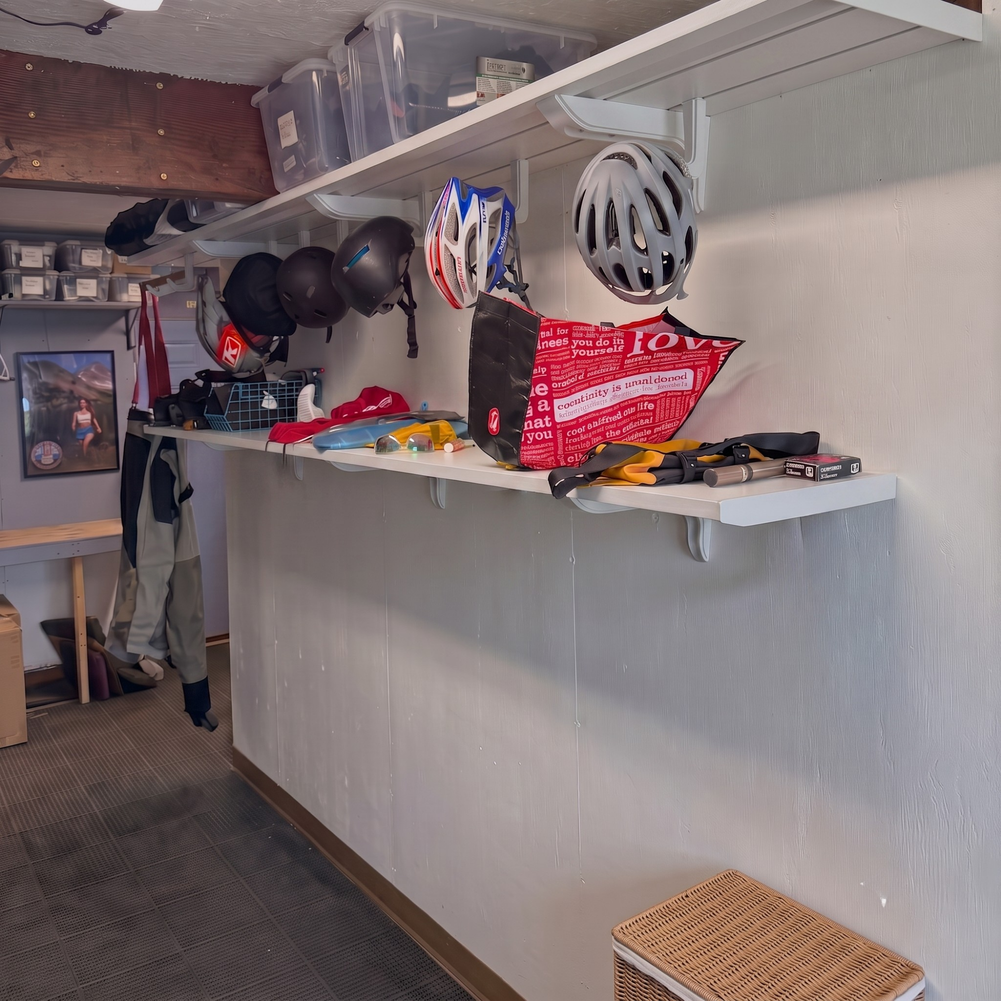 A wall-mounted white storage shelf system in a garage or workshop, holding several bicycle helmets, a red patterned bag, tools, and storage bins. The wall is off-white, and the floor is dark gray tile.